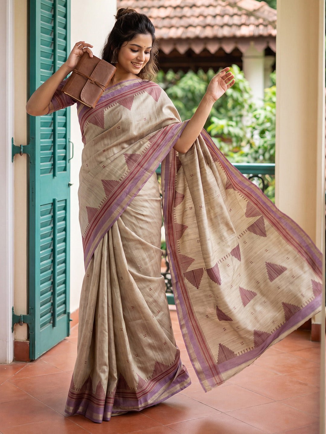 Beige & Mauve Tussar Silk Saree - Ressa