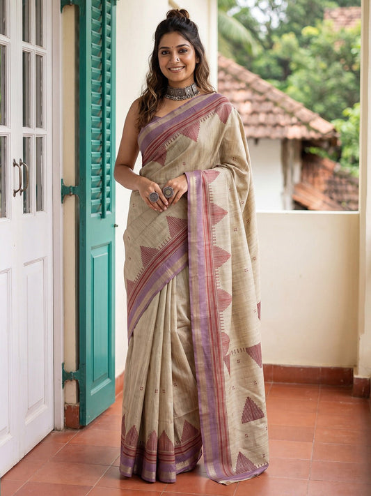 Beige & Mauve Tussar Silk Saree - Ressa