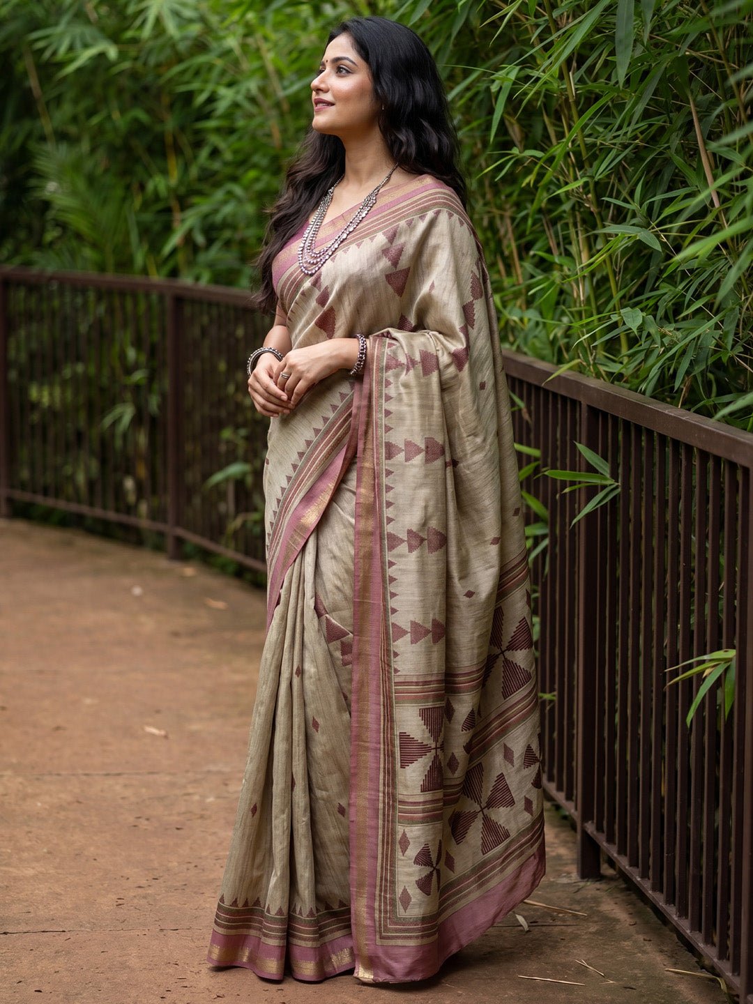 Beige & Mauve Tussar Silk Saree - Ressa