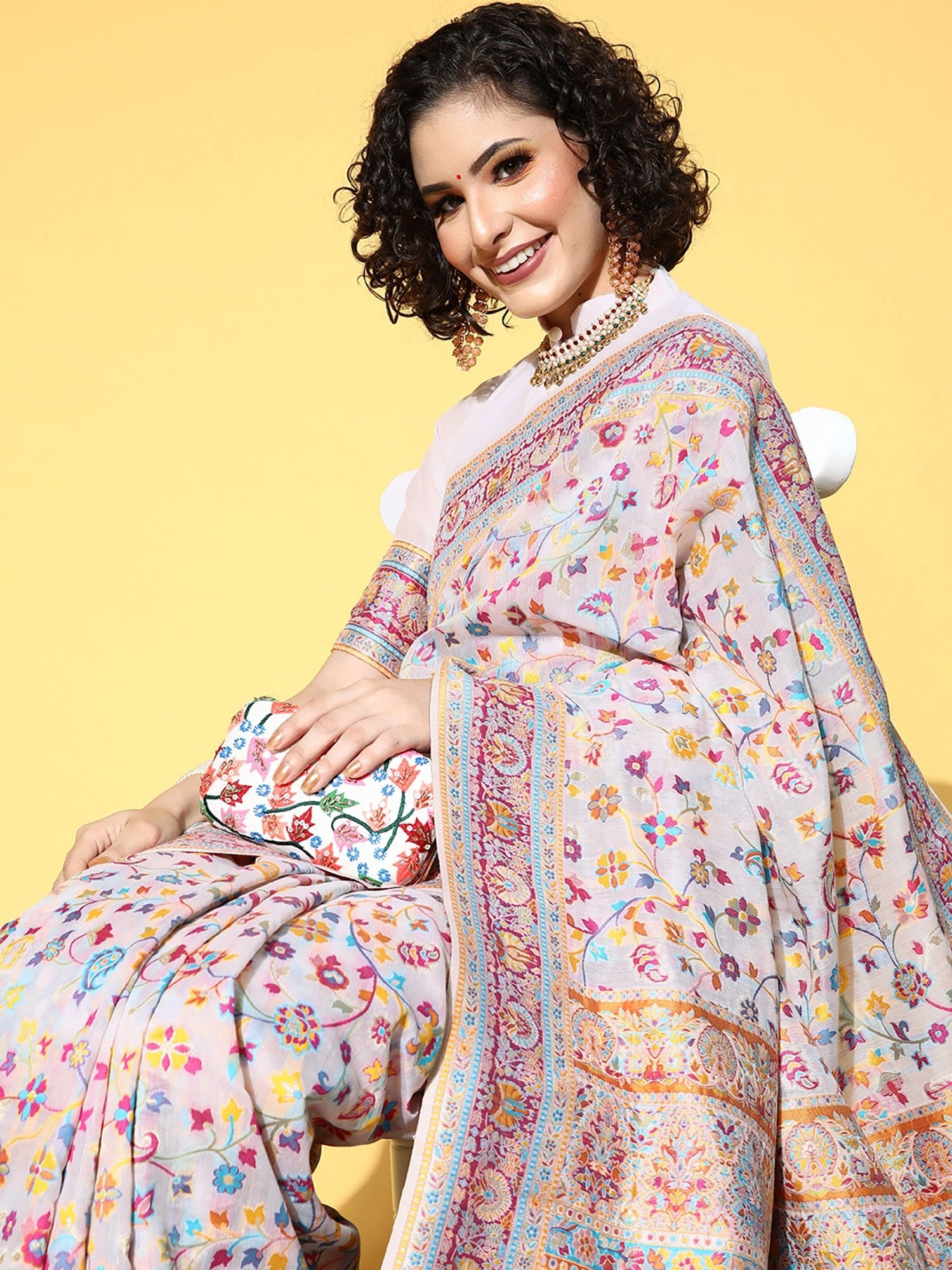 Beige Multicolored Silk Patola Inspired Weaving Zari Border Saree - Ressa