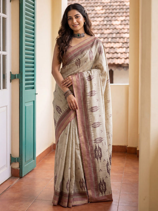 Beige & Peach Tussar Silk Print Saree - Ressa