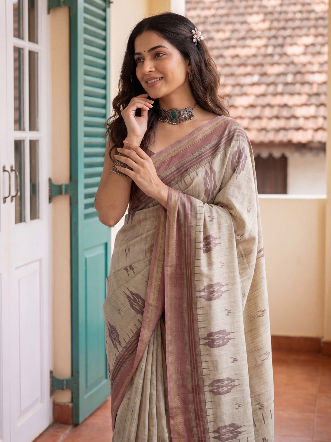 Beige & Peach Tussar Silk Print Saree - Ressa