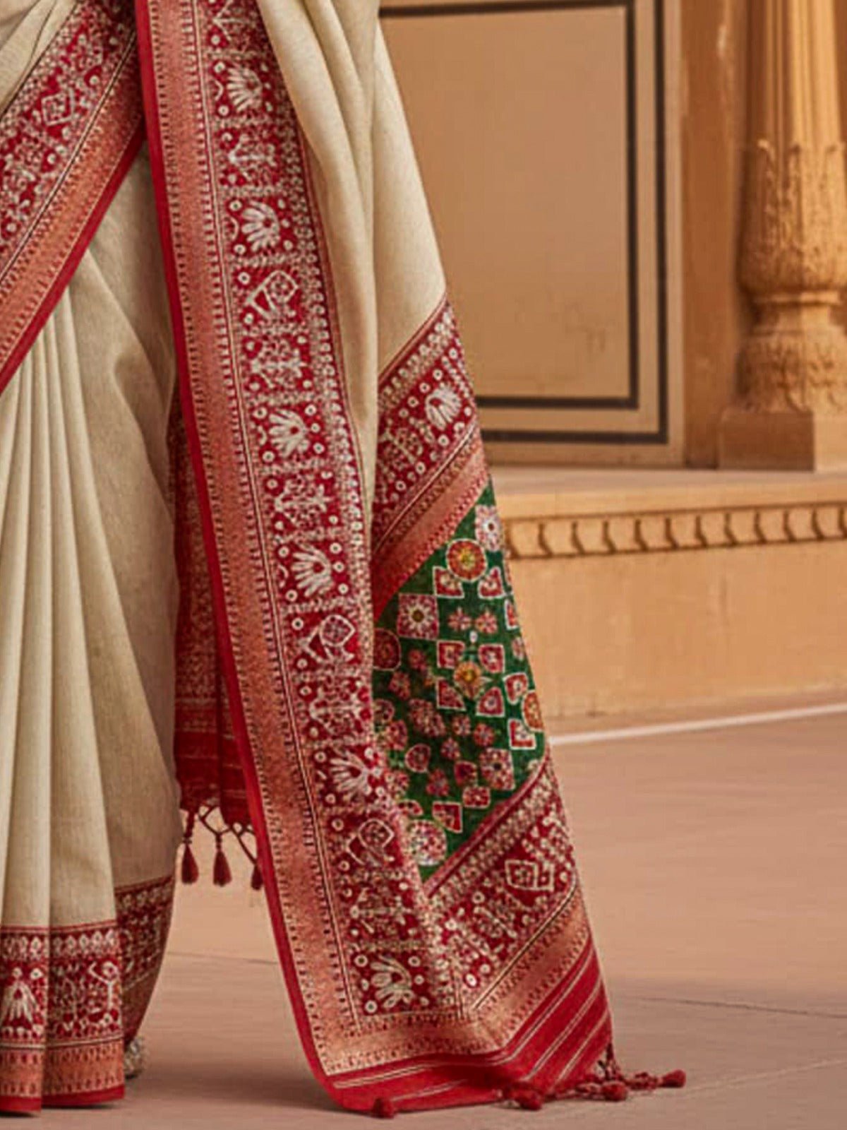 Beige & Red Patola Silk Saree with Blouse - Ressa