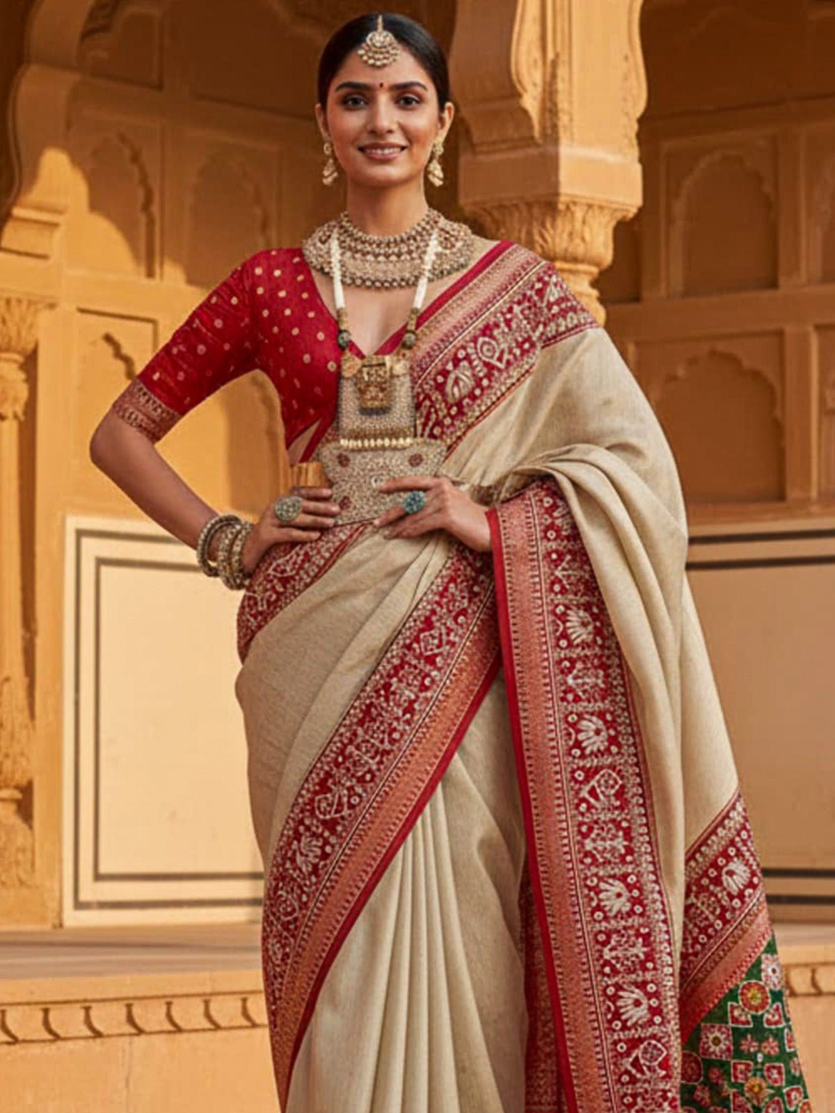 Beige & Red Patola Silk Saree with Blouse - Ressa