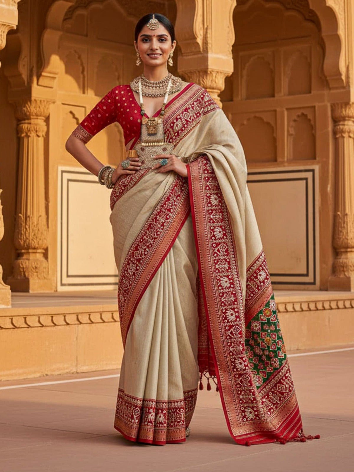 Beige & Red Patola Silk Saree with Blouse - Ressa