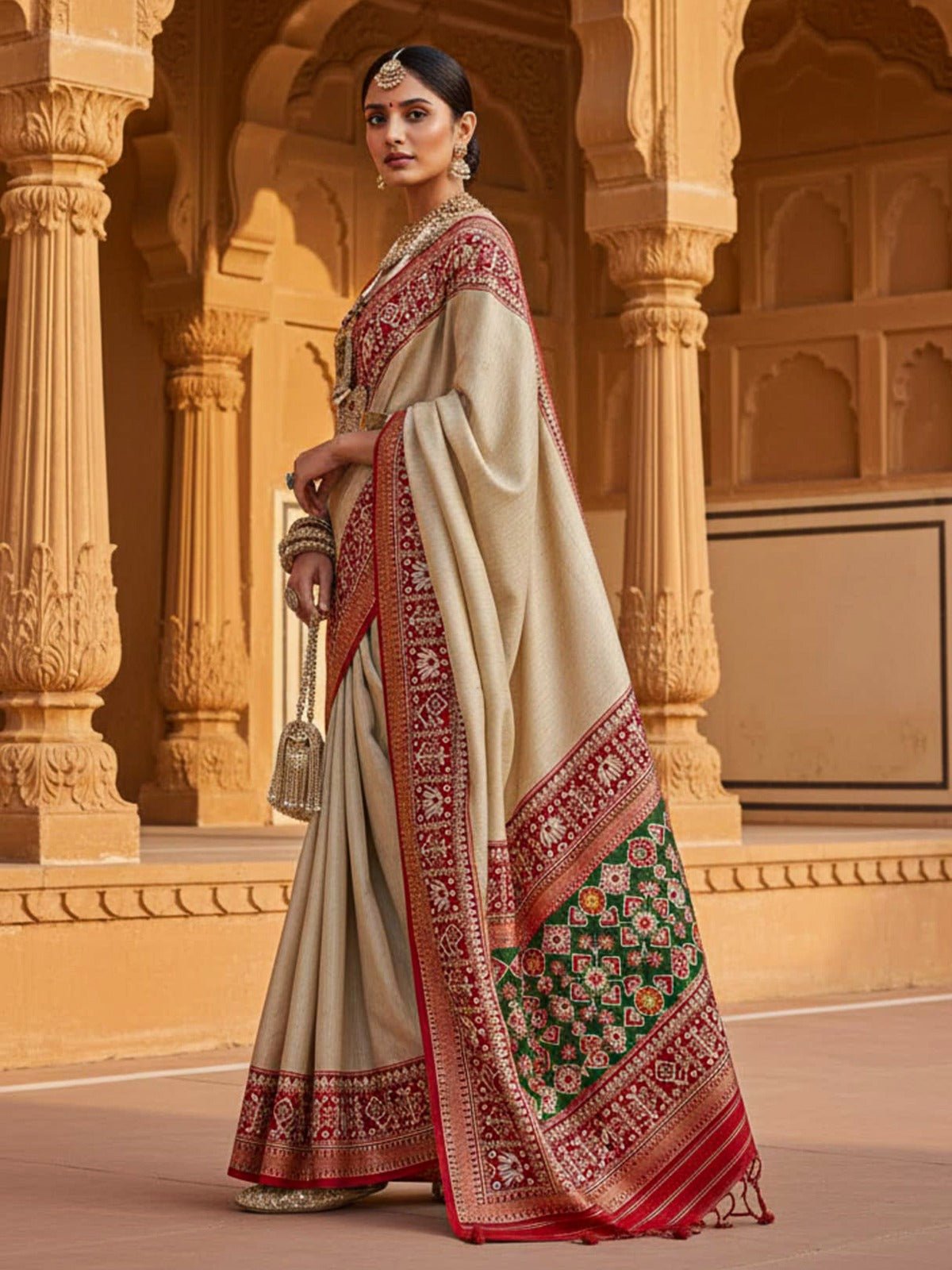 Beige & Red Patola Silk Saree with Blouse - Ressa