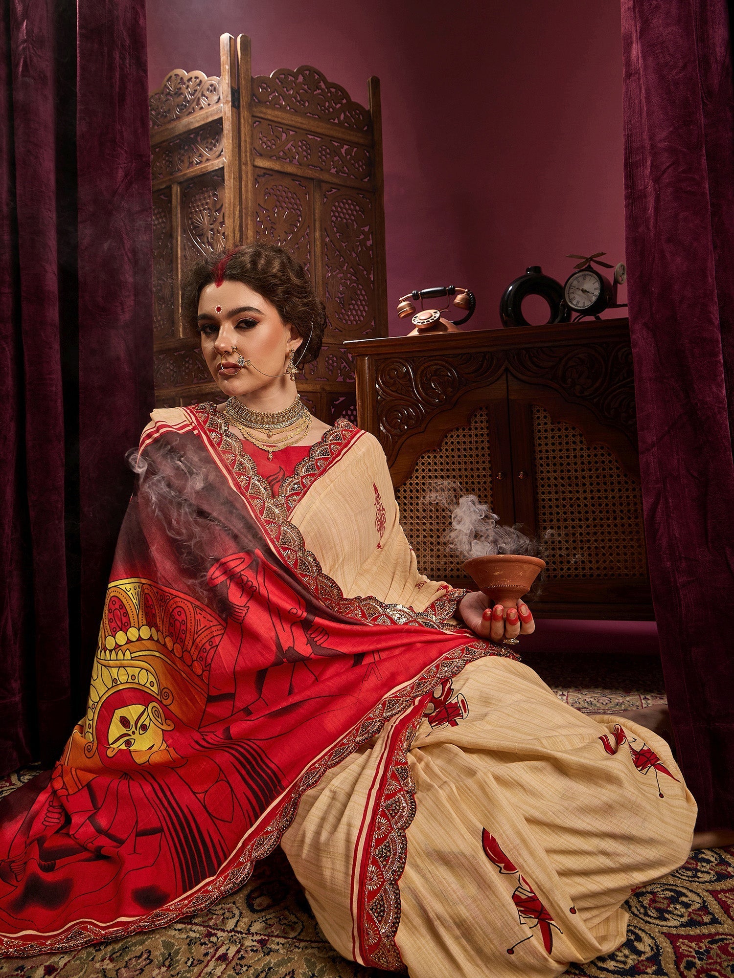 Beige & Red Silk Saree with Banarasi Embroidered Border - Ressa