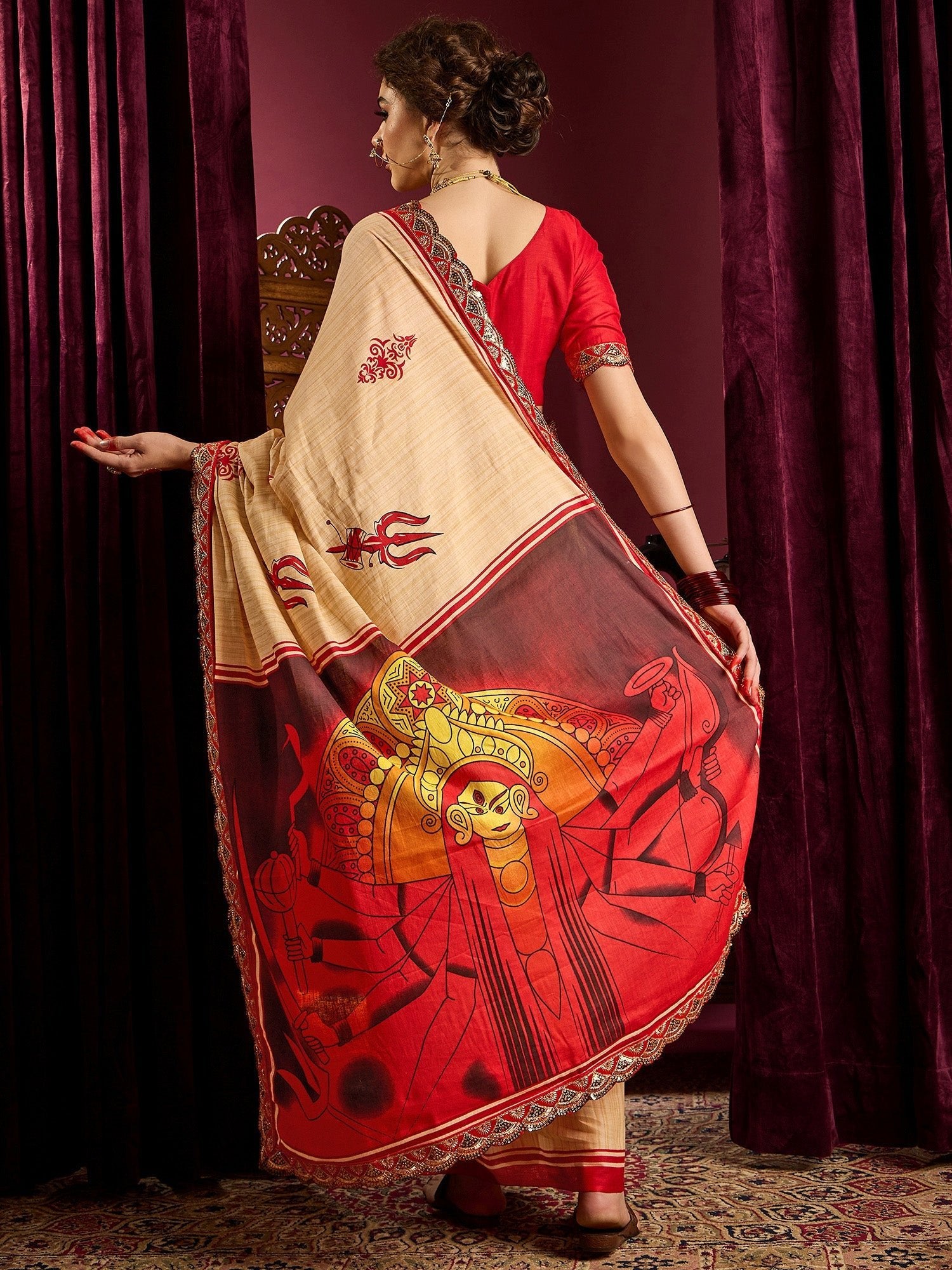 Beige & Red Silk Saree with Banarasi Embroidered Border - Ressa