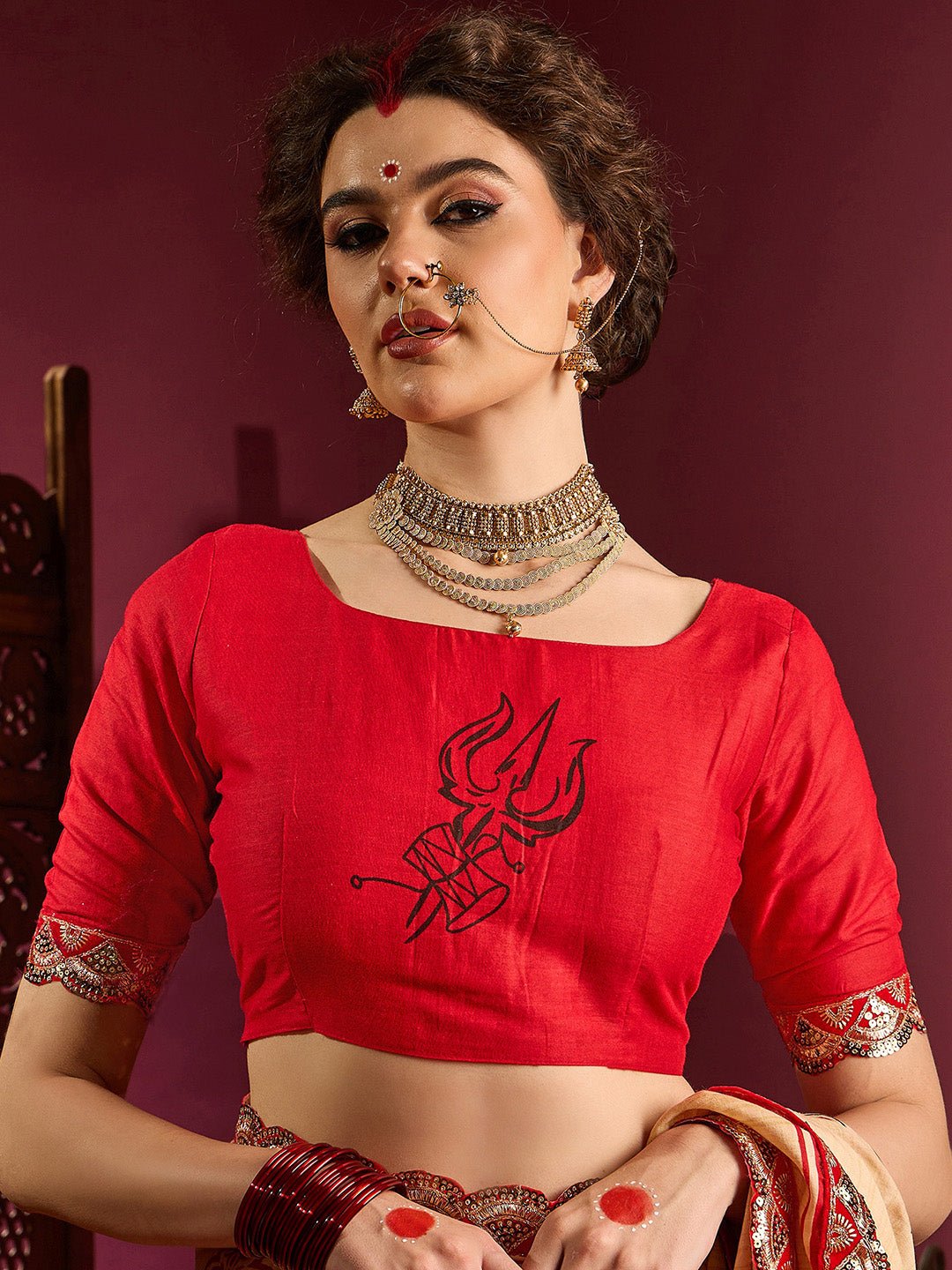 Beige & Red Silk Saree with Banarasi Embroidered Border - Ressa