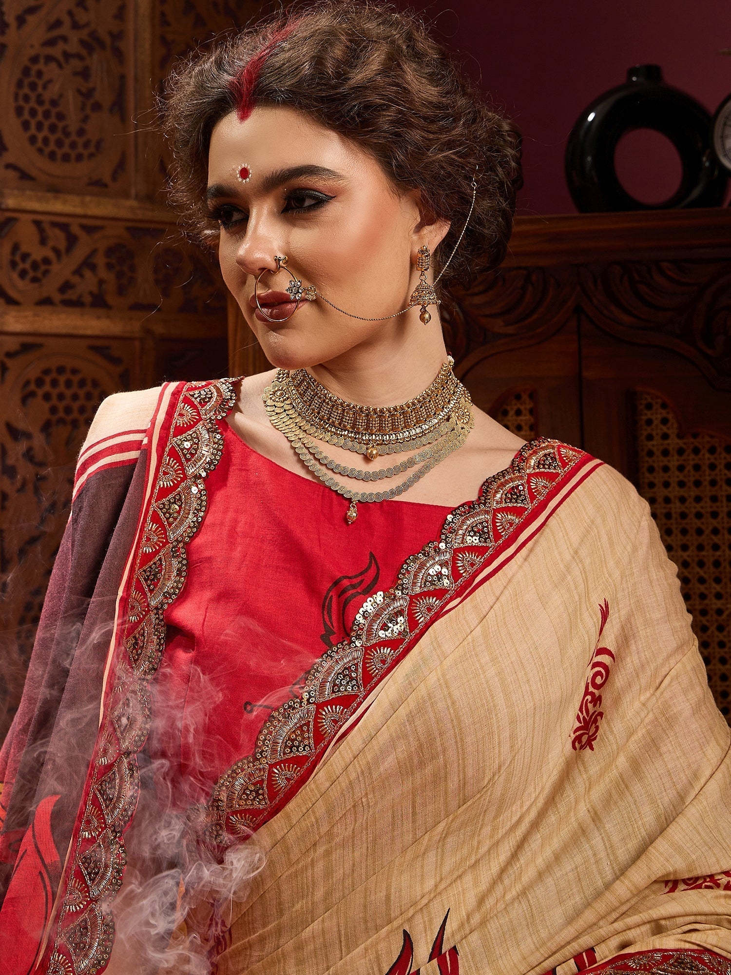 Beige & Red Silk Saree with Banarasi Embroidered Border - Ressa