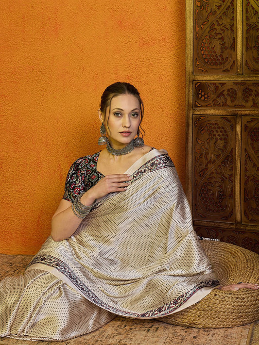 Beige Satin Ethinic Motif Saree - Ressa