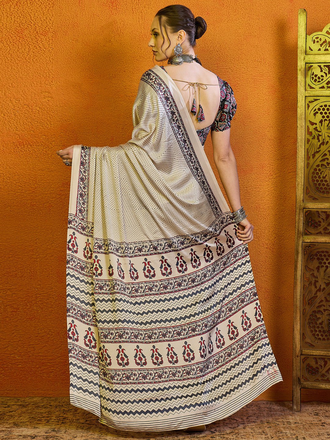 Beige Satin Ethinic Motif Saree - Ressa