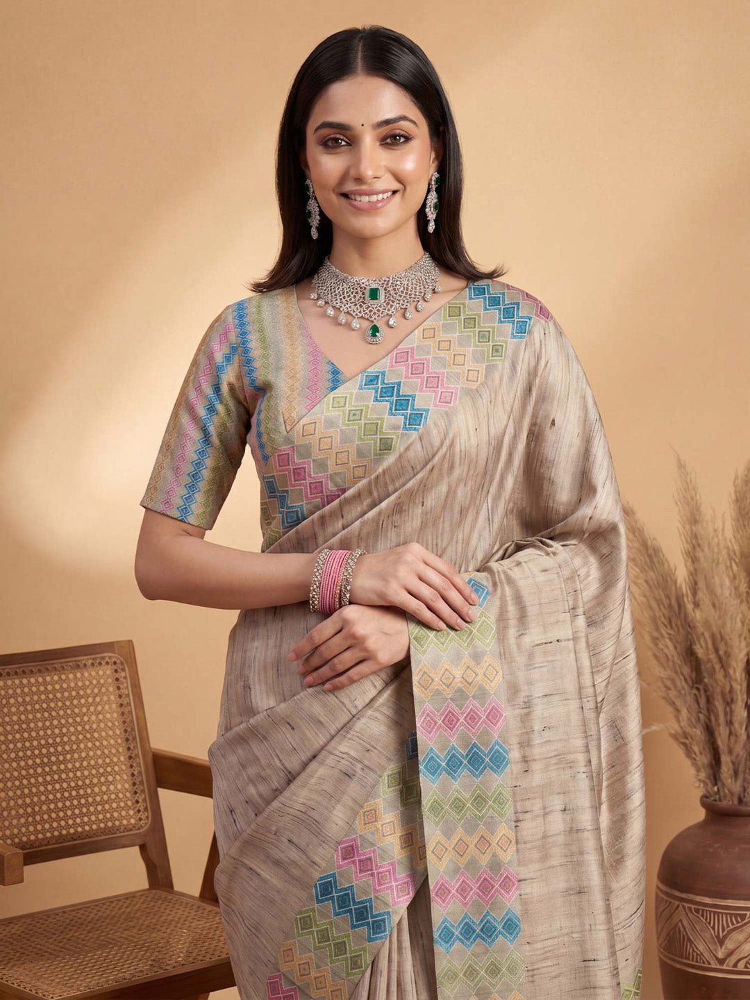 Beige Satin Silk Saree With Multicolor Geometric Border - Ressa