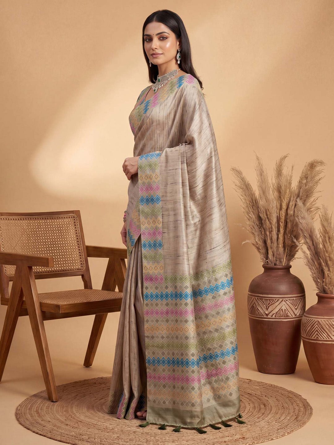 Beige Satin Silk Saree With Multicolor Geometric Border - Ressa