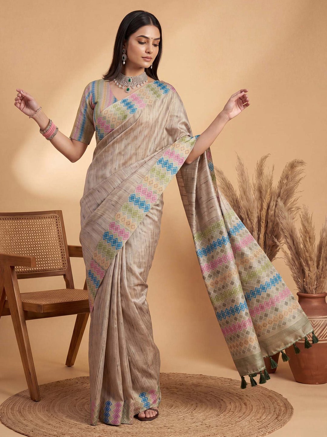 Beige Satin Silk Saree With Multicolor Geometric Border - Ressa
