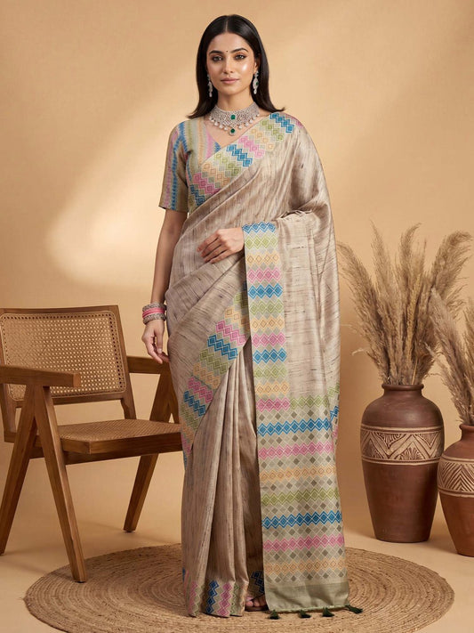 Beige Satin Silk Saree With Multicolor Geometric Border - Ressa