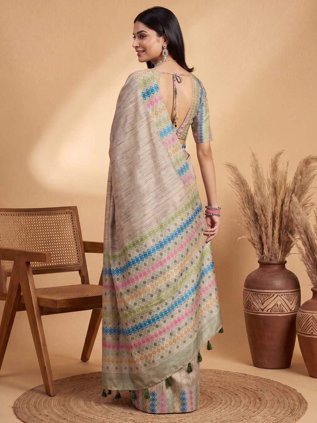 Beige Satin Silk Saree With Multicolor Geometric Border - Ressa