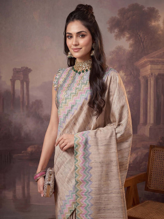 Beige satin silk with printed design saree - Ressa