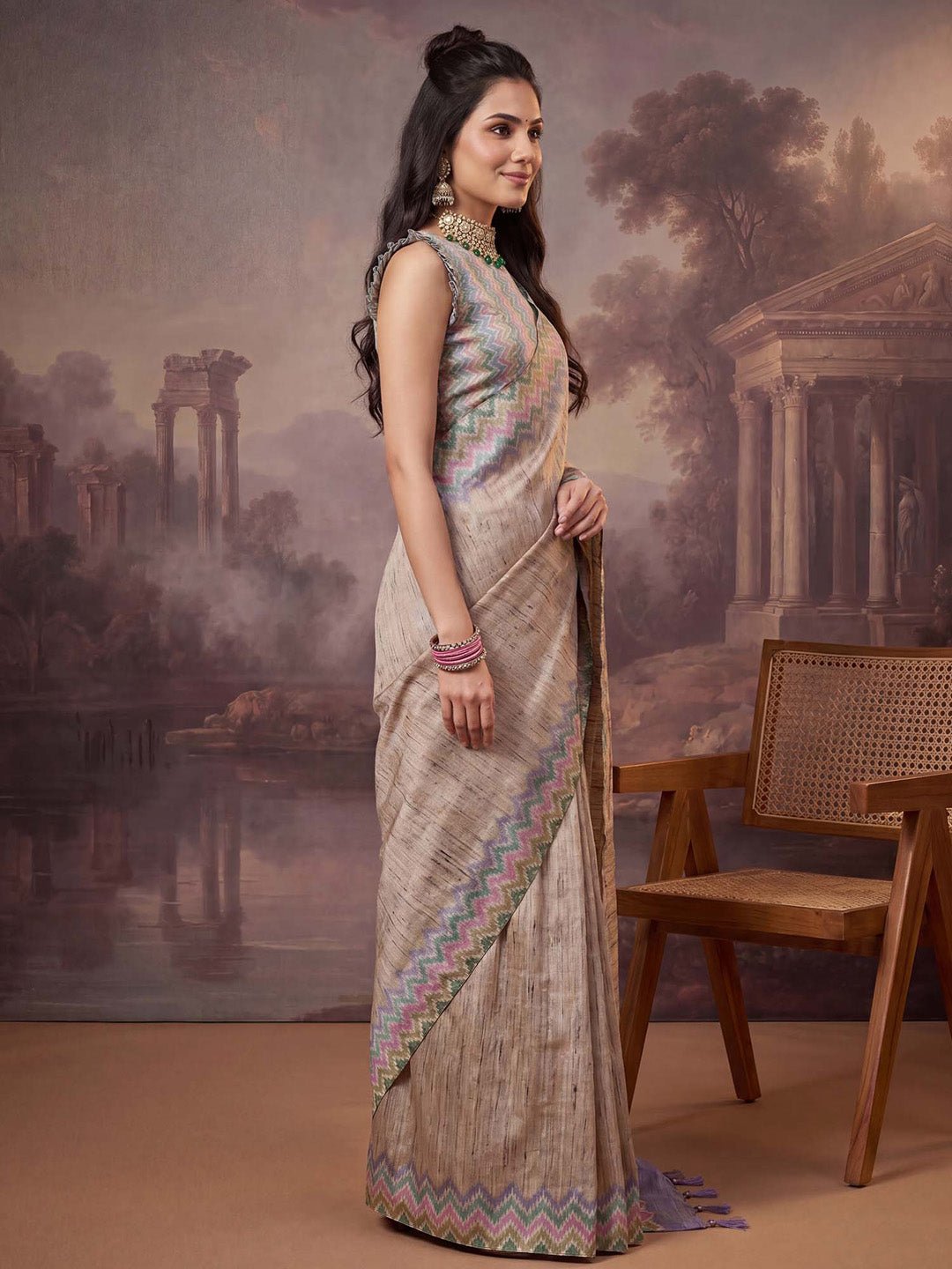 Beige satin silk with printed design saree - Ressa