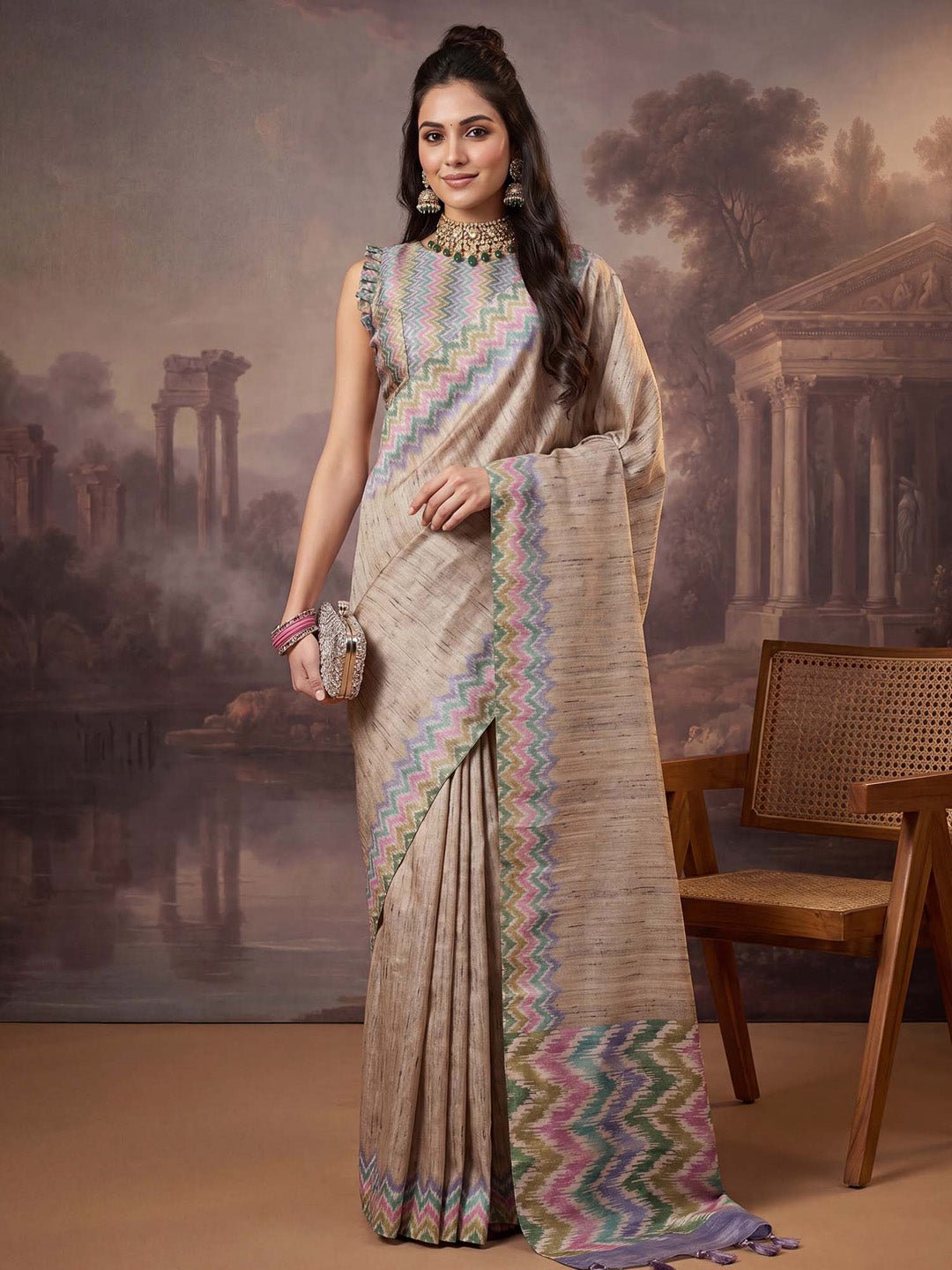 Beige satin silk with printed design saree - Ressa