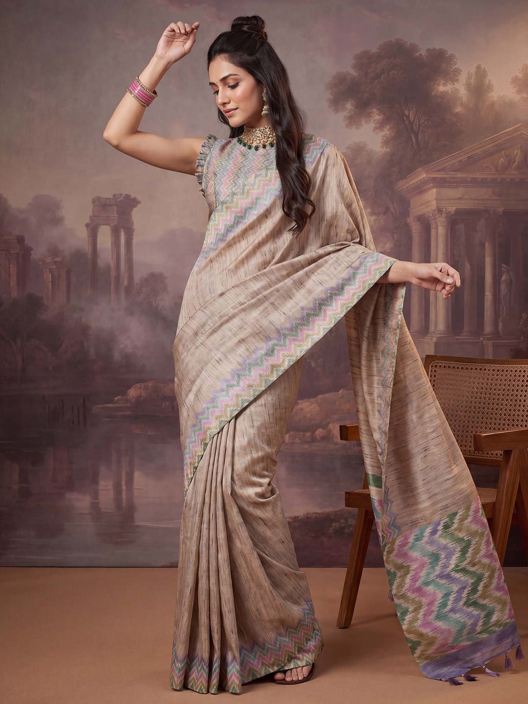 Beige satin silk with printed design saree - Ressa