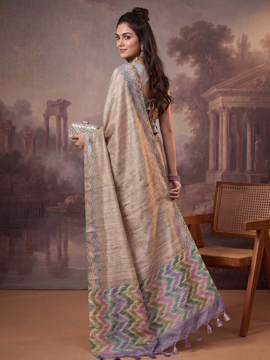 Beige satin silk with printed design saree - Ressa