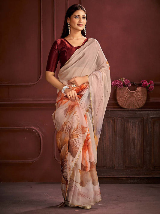 Beige Silk Blend Floral Digital Print Saree - Ressa