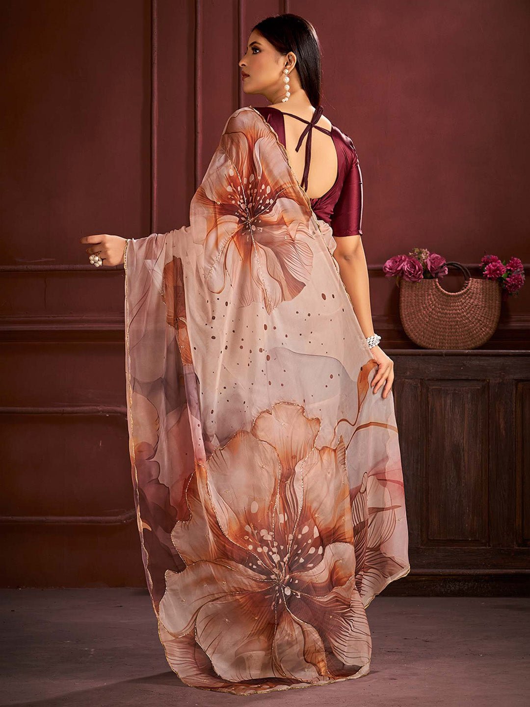 Beige Silk Blend Floral Digital Print Saree - Ressa