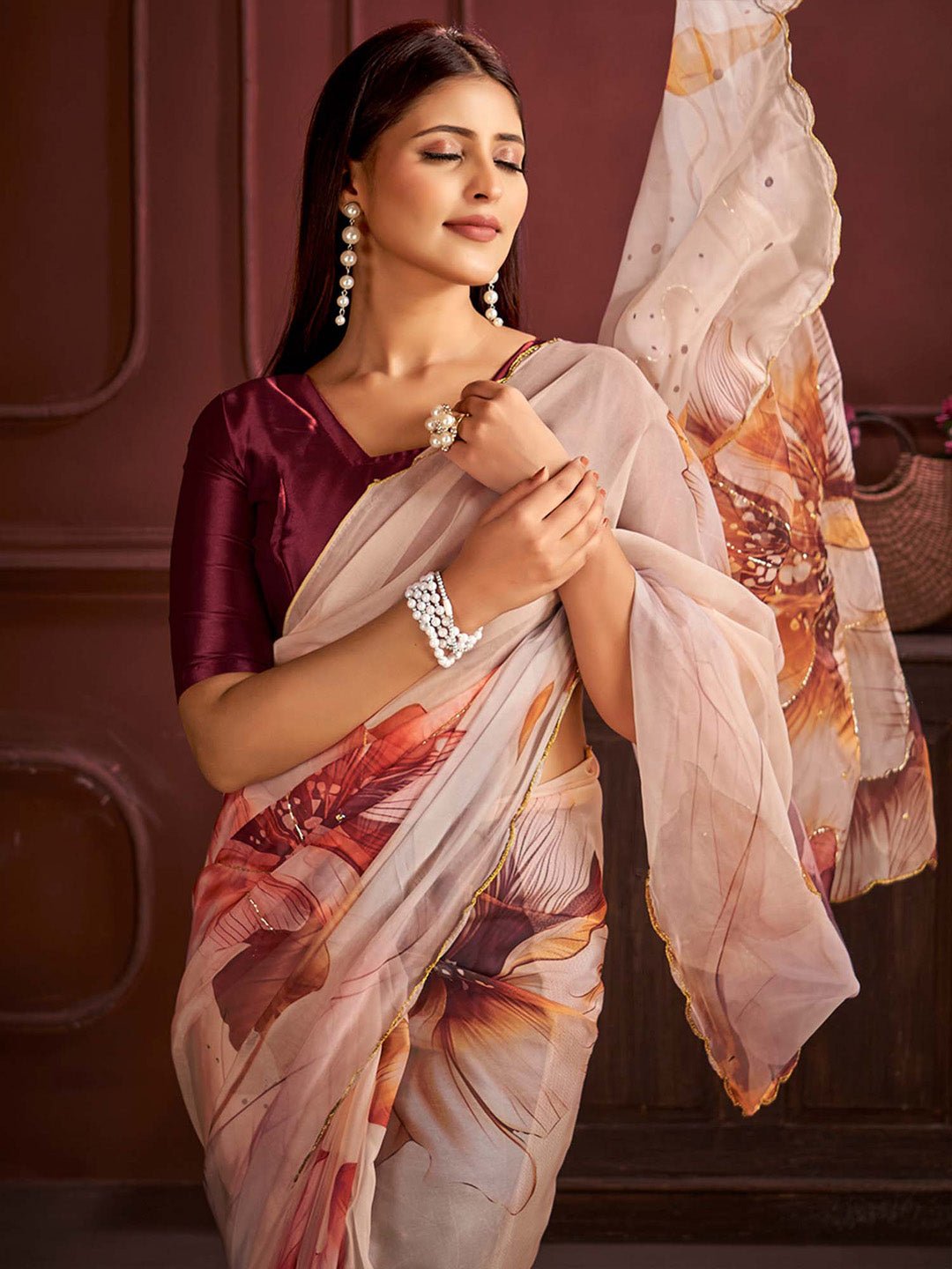 Beige Silk Blend Floral Digital Print Saree - Ressa
