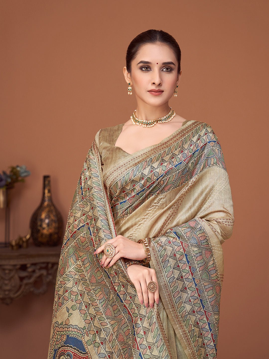Beige Silk Blend Heritage Weaving Traditional Saree - Ressa