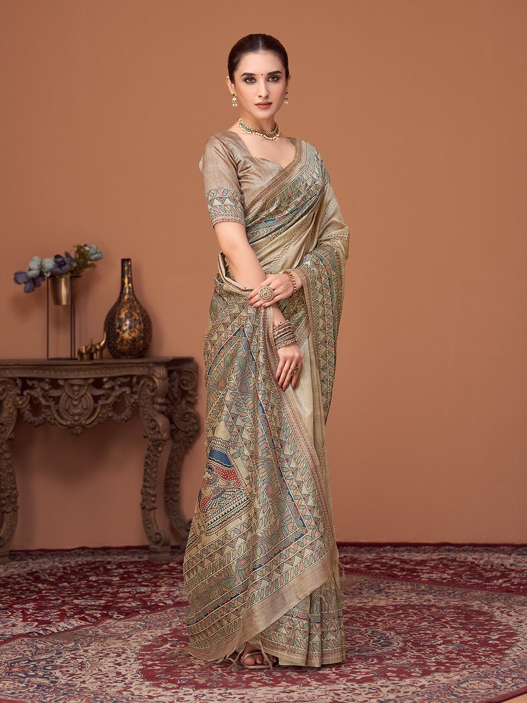 Beige Silk Blend Heritage Weaving Traditional Saree - Ressa