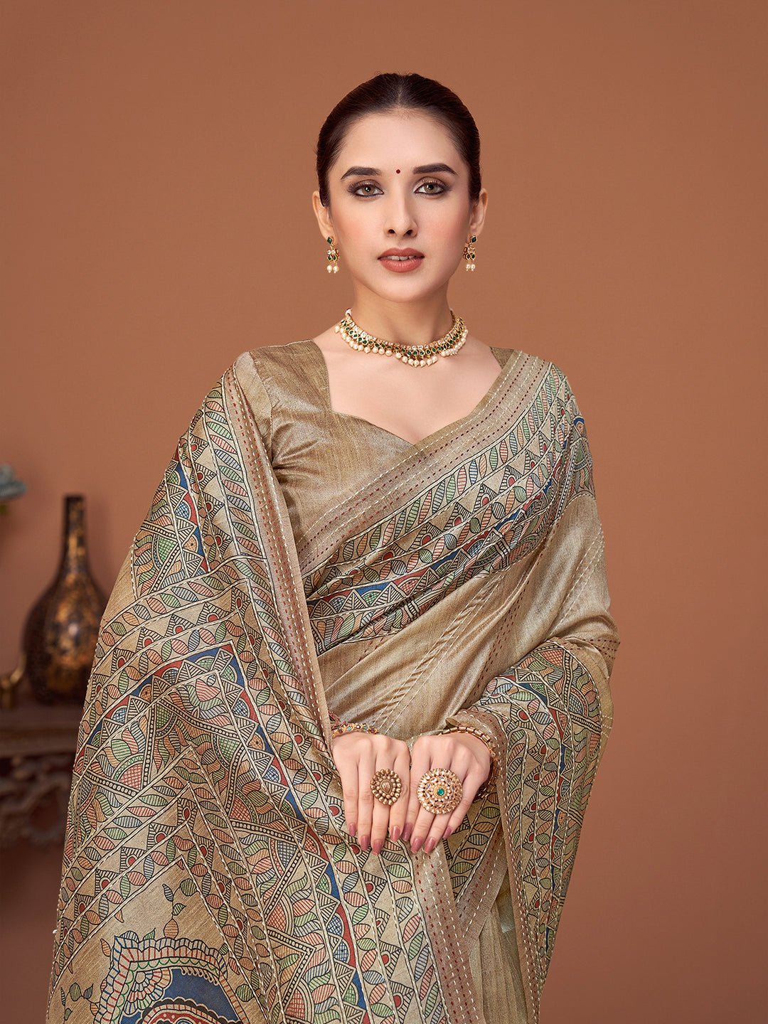 Beige Silk Blend Heritage Weaving Traditional Saree - Ressa