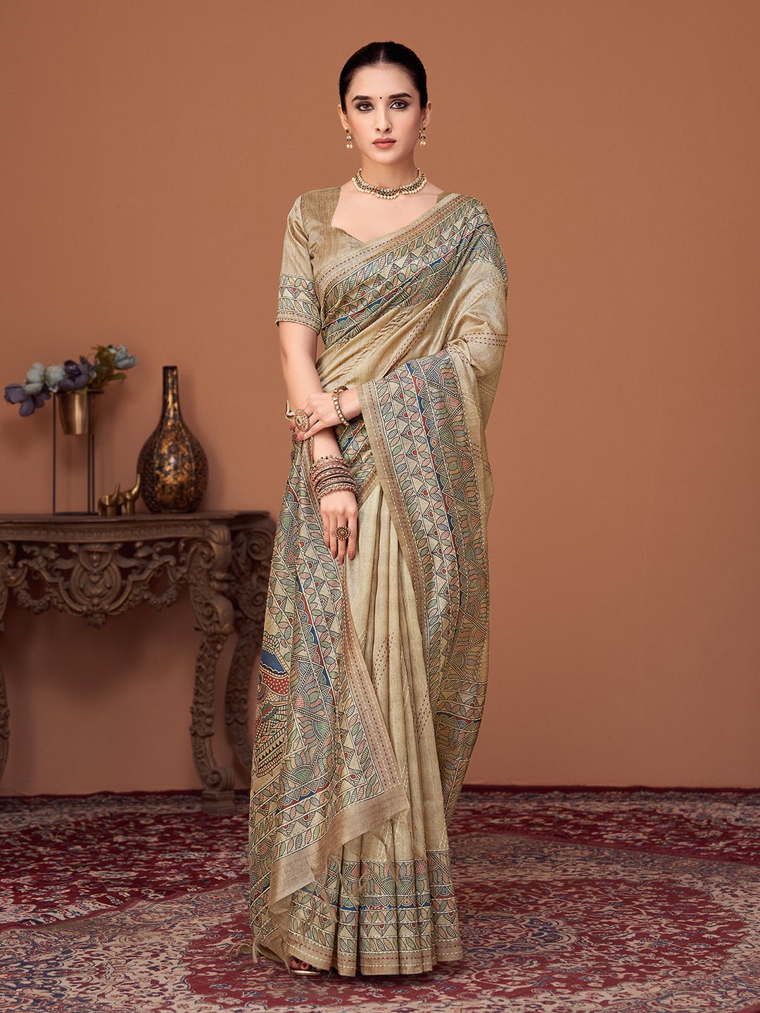 Beige Silk Blend Heritage Weaving Traditional Saree - Ressa