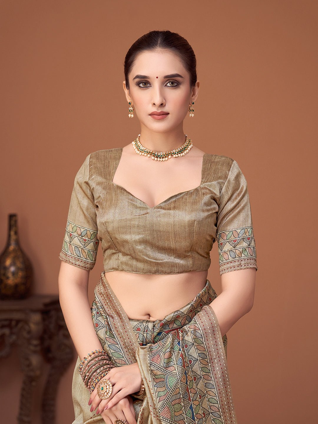 Beige Silk Blend Heritage Weaving Traditional Saree - Ressa