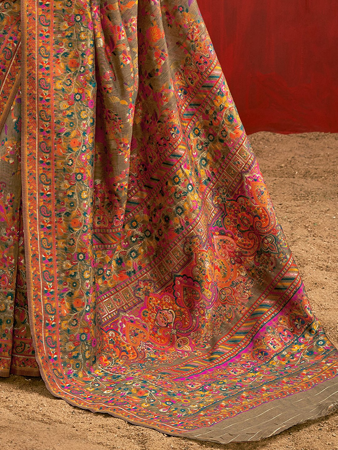 Beige Silk Blend Kashmiri Pashmina Style Weaving Designer Blouse Saree - Ressa
