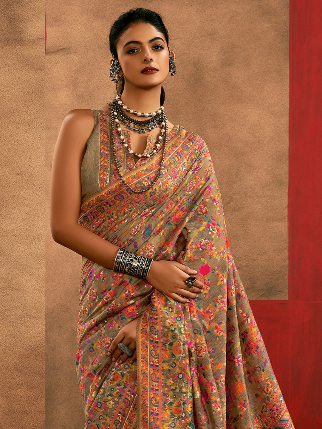 Beige Silk Blend Kashmiri Pashmina Style Weaving Designer Blouse Saree - Ressa