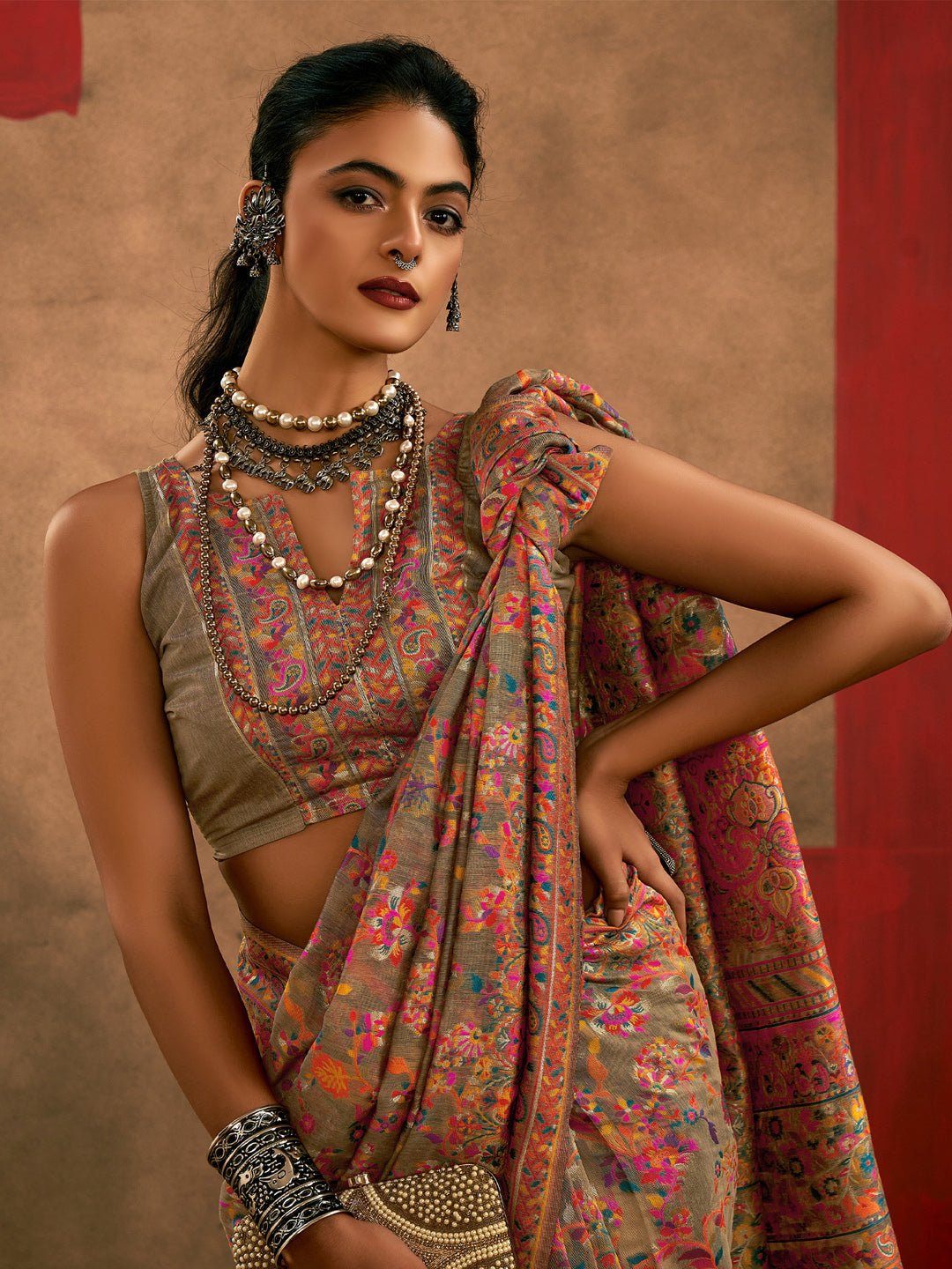 Beige Silk Blend Kashmiri Pashmina Style Weaving Designer Blouse Saree - Ressa