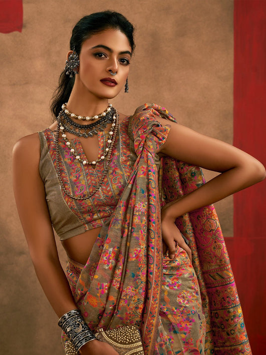 Beige Silk Blend Kashmiri Pashmina Style Weaving Designer Blouse Saree - Ressa