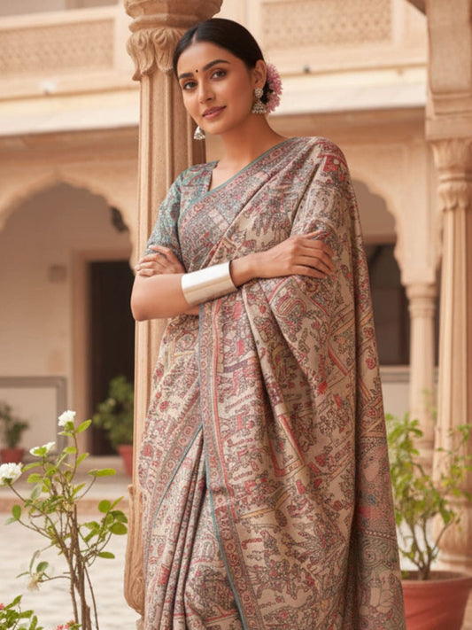 Beige Silk Blend Madhubani Printed Saree - Ressa
