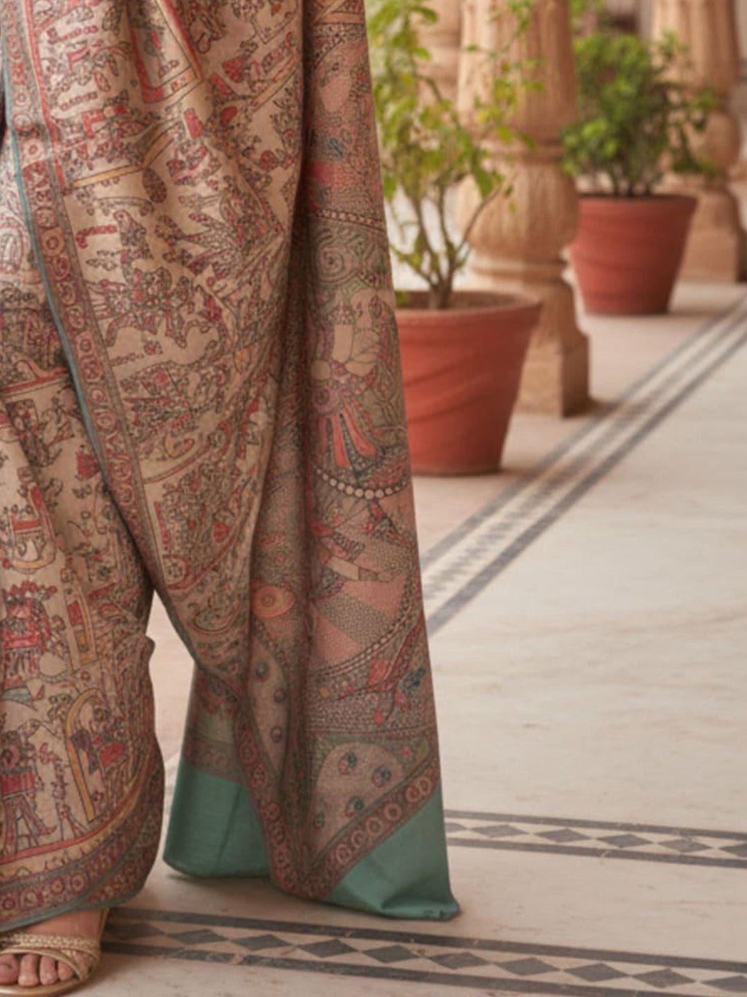 Beige Silk Blend Madhubani Printed Saree - Ressa