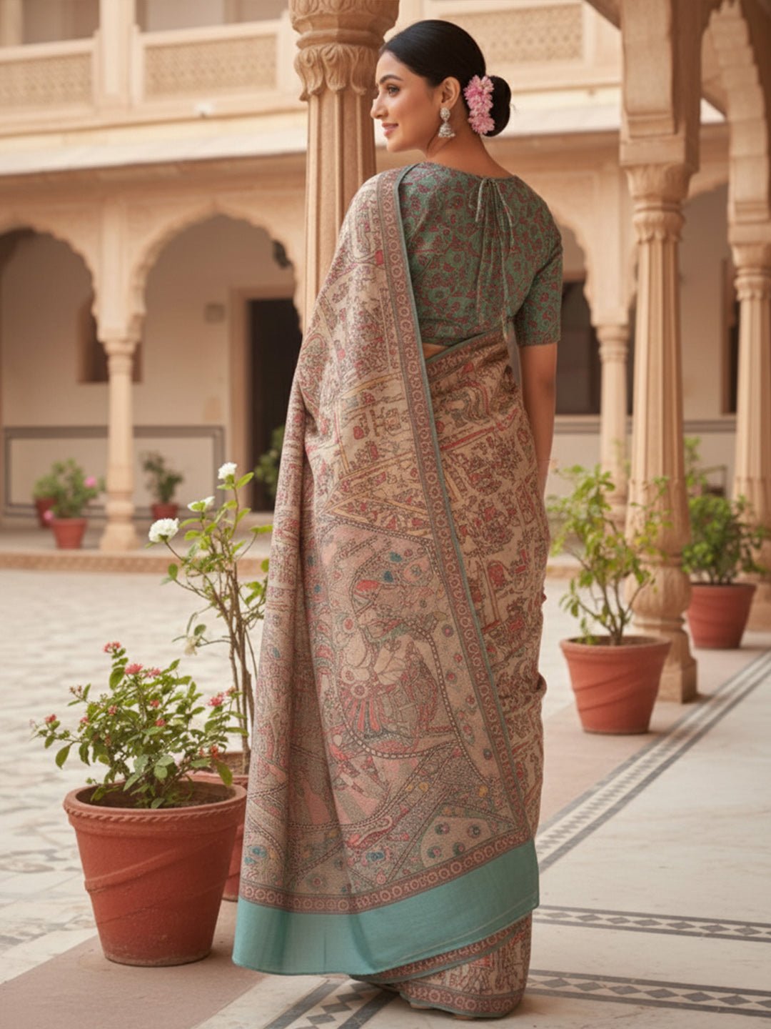 Beige Silk Blend Madhubani Printed Saree - Ressa