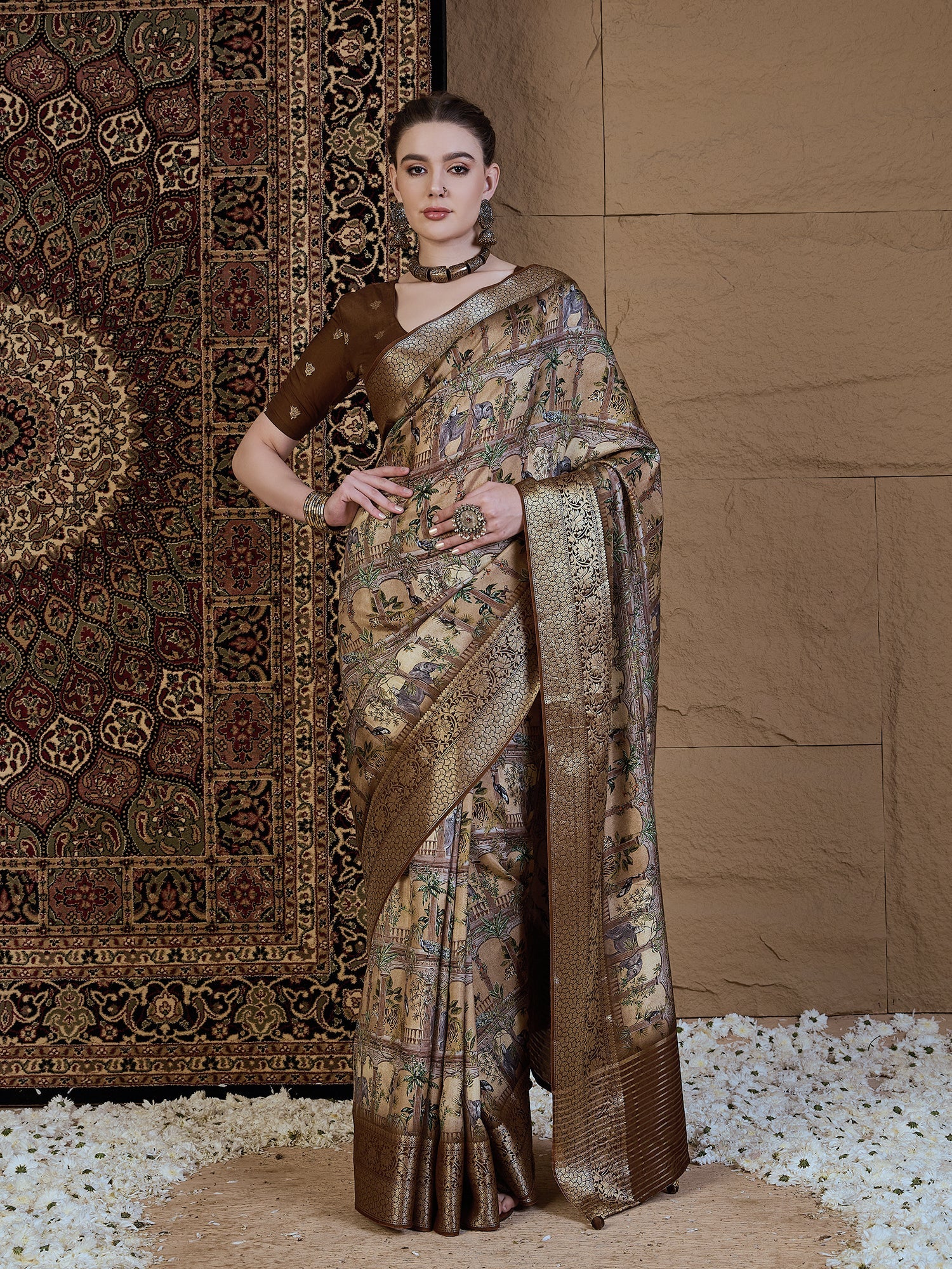 Beige Silk Blend Patola Style Digital Print Saree - Ressa