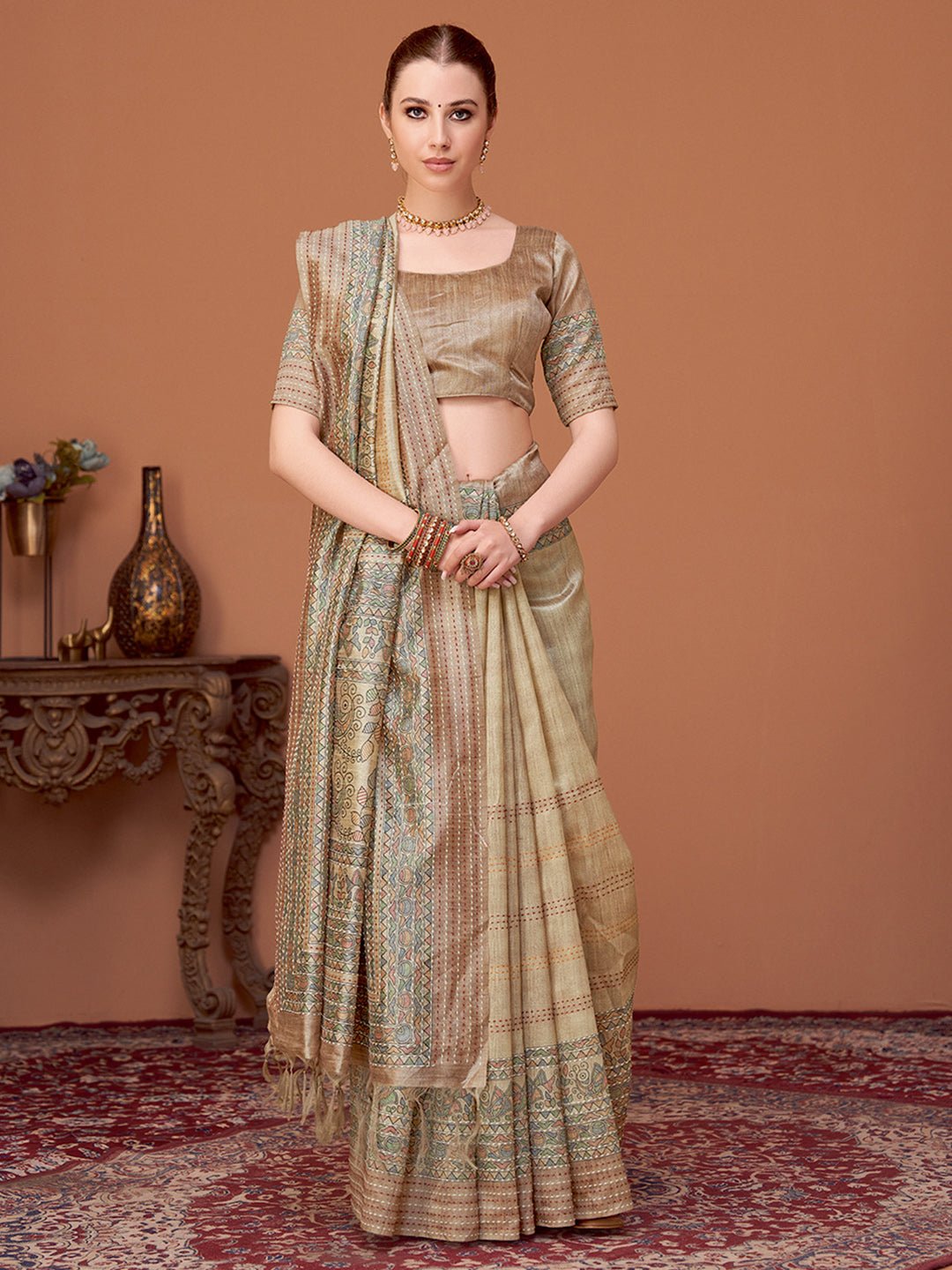 Beige Silk Blend Patola Style Digital Print Saree - Ressa