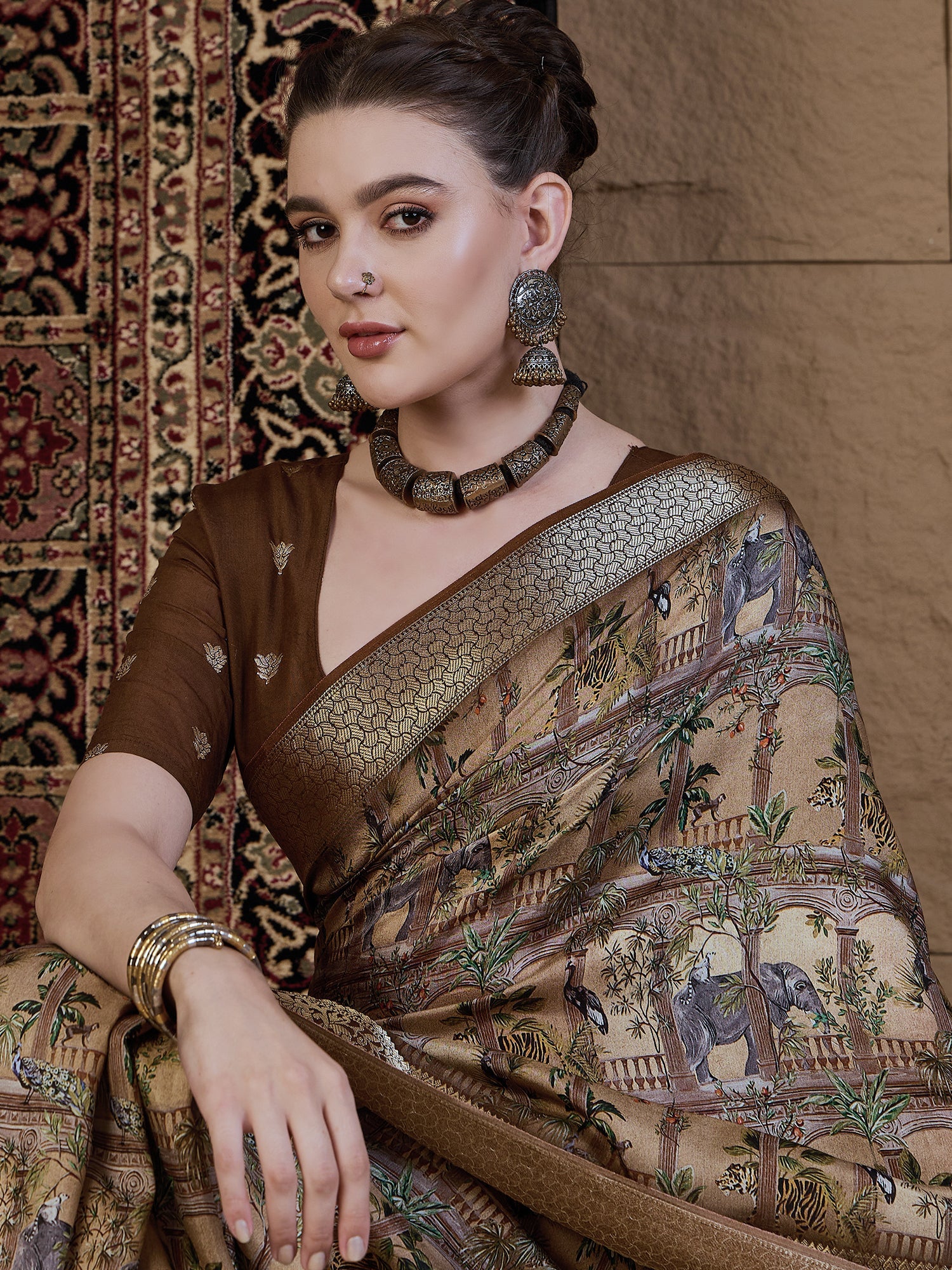 Beige Silk Blend Patola Style Digital Print Saree - Ressa