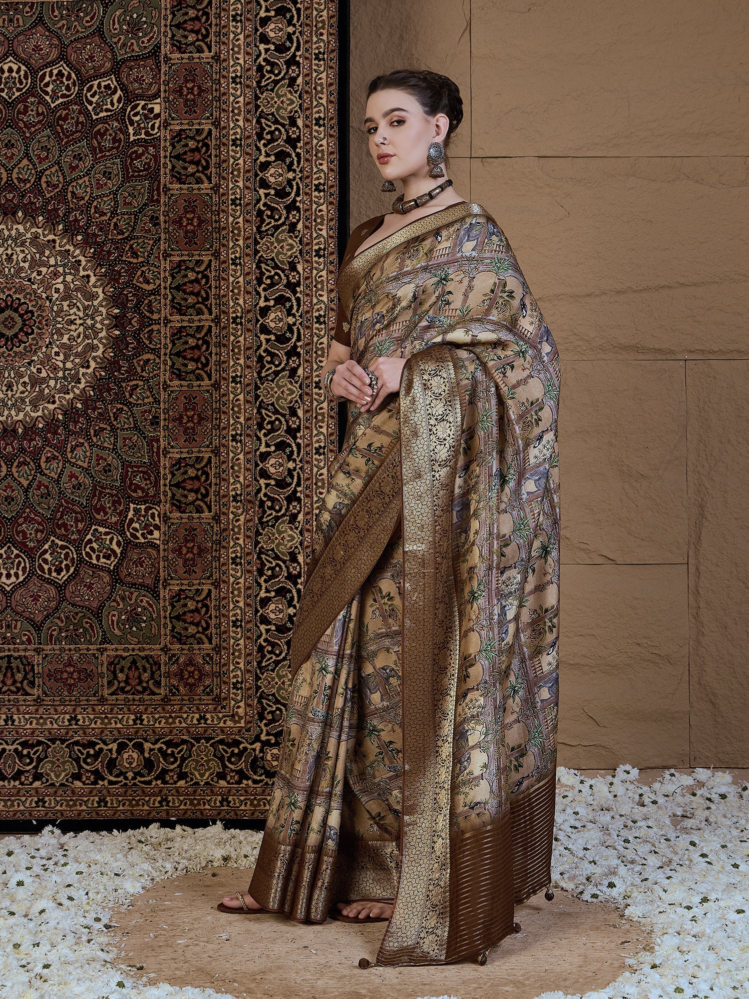 Beige Silk Blend Patola Style Digital Print Saree - Ressa