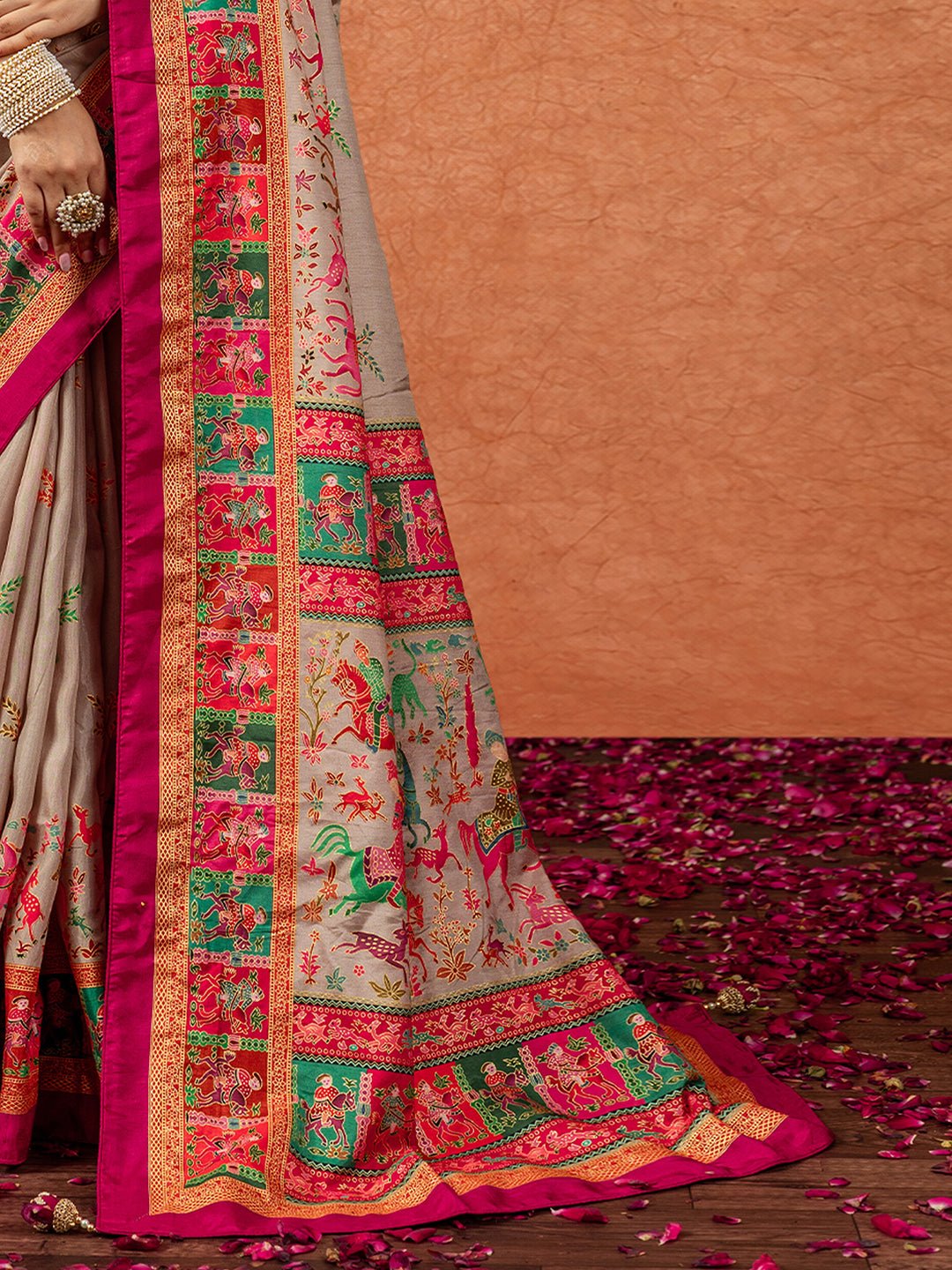 Beige Silk Blend Patola Style Digital Print Saree - Ressa