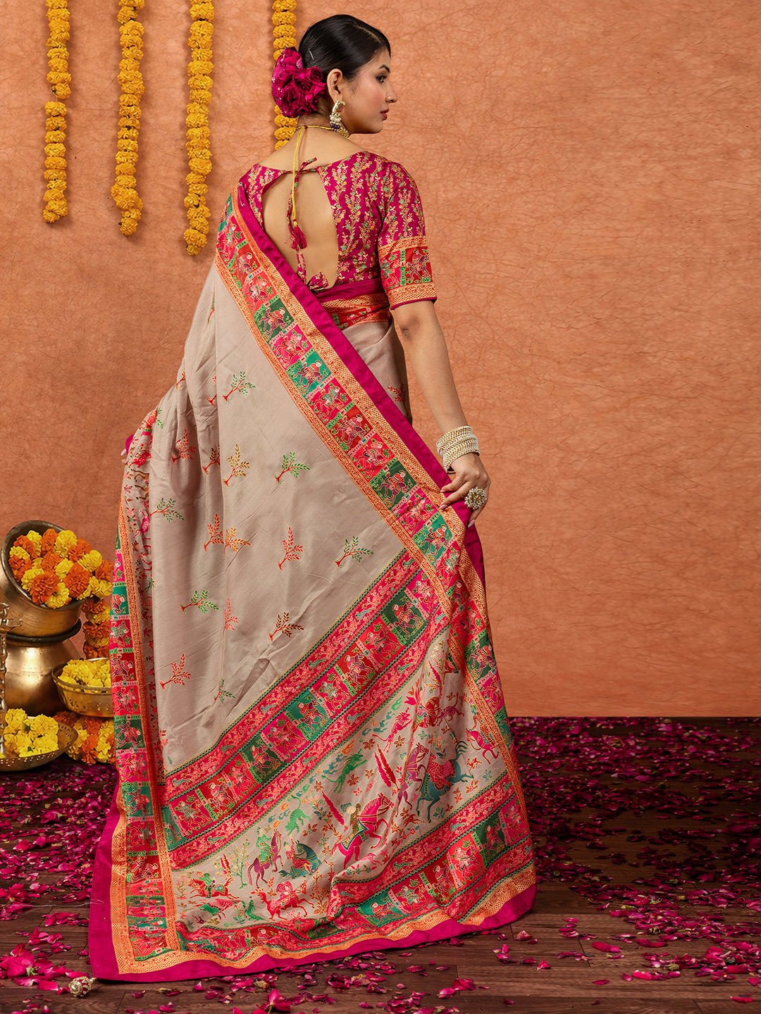 Beige Silk Blend Patola Style Digital Print Saree - Ressa