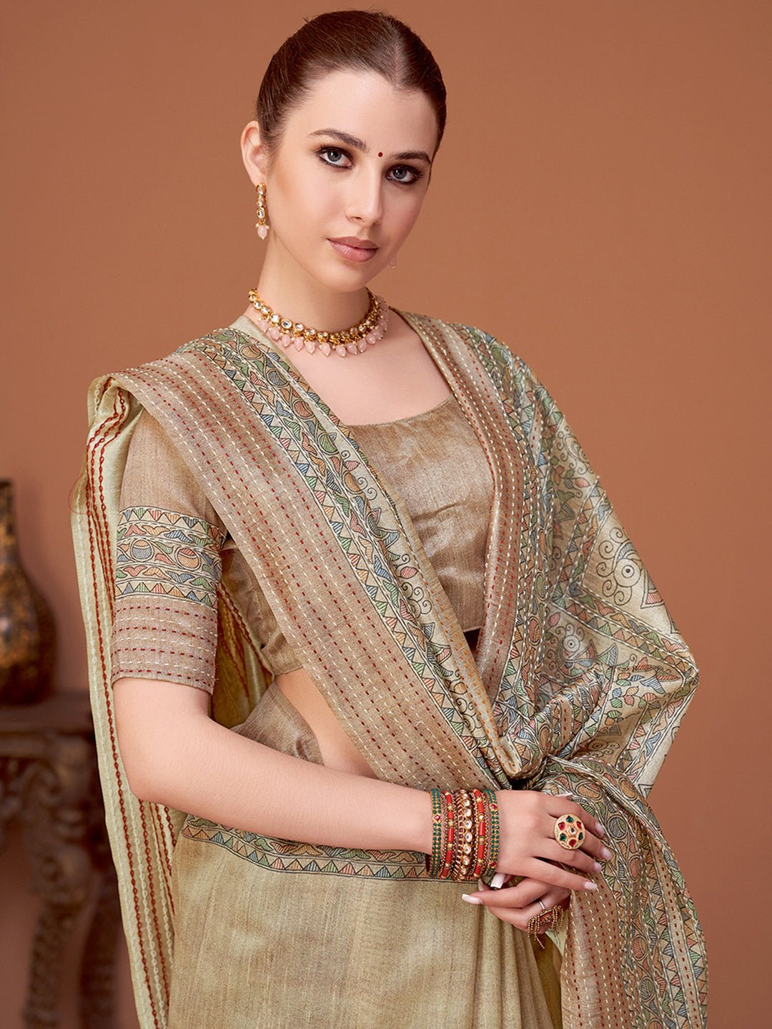 Beige Silk Blend Patola Style Digital Print Saree - Ressa