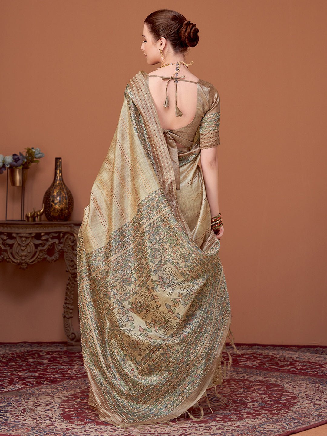 Beige Silk Blend Patola Style Digital Print Saree - Ressa