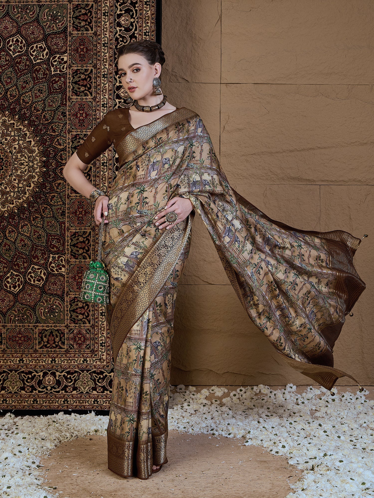 Beige Silk Blend Patola Style Digital Print Saree - Ressa